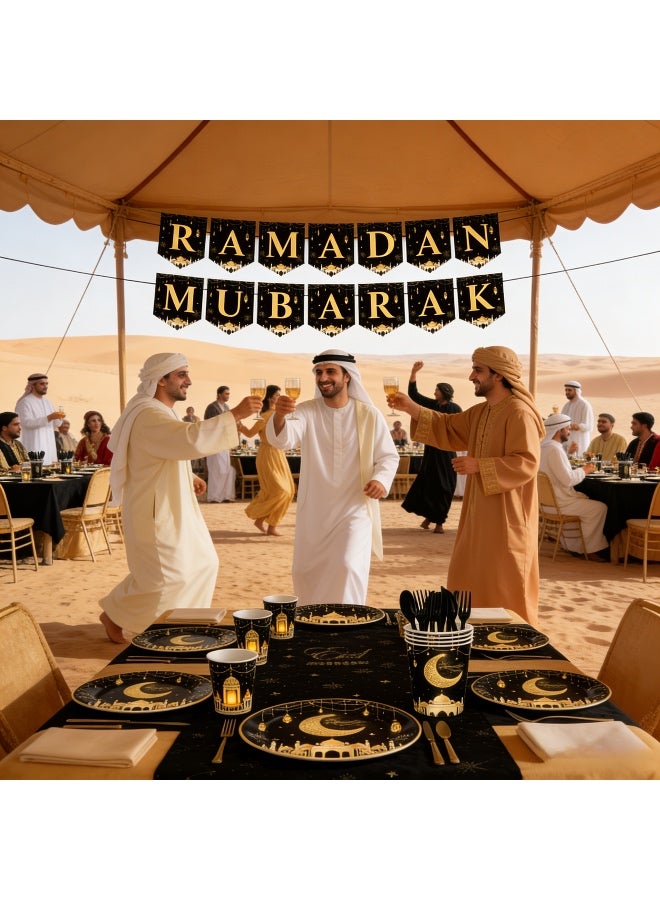 118 قطعة مجموعة أدوات المائدة لاحتفالات رمضان وعيد مبارك، أطباق ومناشف عيد مبارك، أطباق حفلات باللونين الأسود والذهبي لتزيين حفلات رمضان، تخدم 16 ضيفاً - Image 4